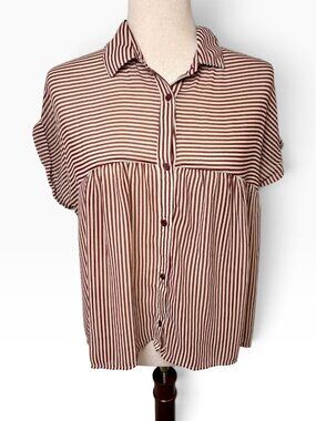 Anthropologie Elodie Brown Cream Striped Babydoll Button Blouse Medium